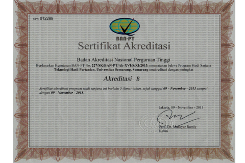 Sertifikat Akreditasi S1 THP USM 2013